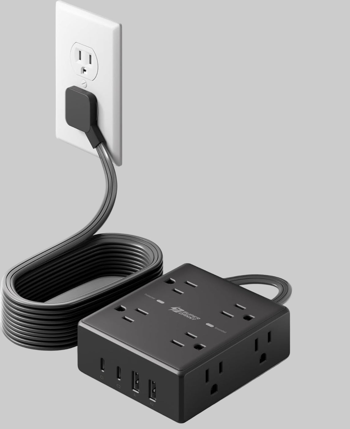 10Ft Extension Cord with Multiple Outlets, Flat Plug Power Strip Surge Protector with 10 Ft Long Cord, 8 Outlet 4 USB Ports (2 USB C), Multi Outlet Wall Plug for Office, College, Dorm Room Essentials